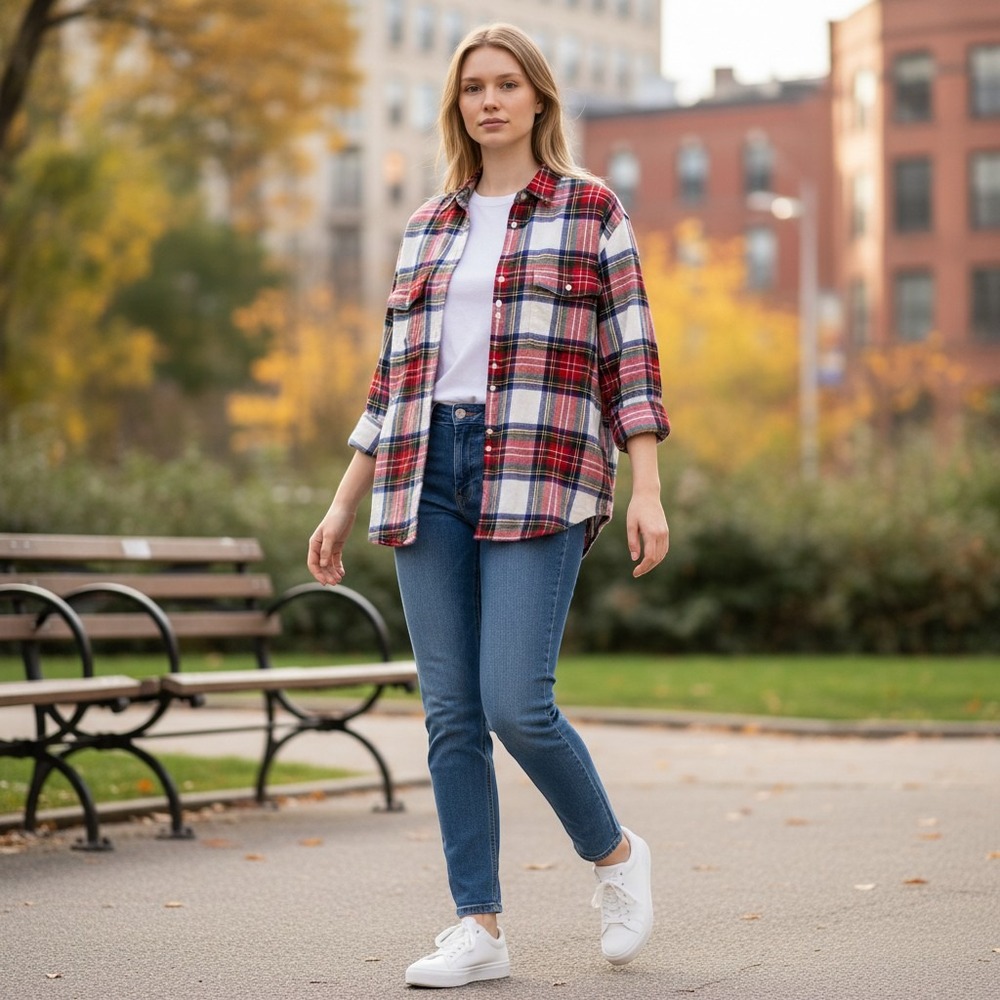 Old Navy M Boyfriend Shirt White Tartan Plaid Flannel Cabincore Heritage Holiday